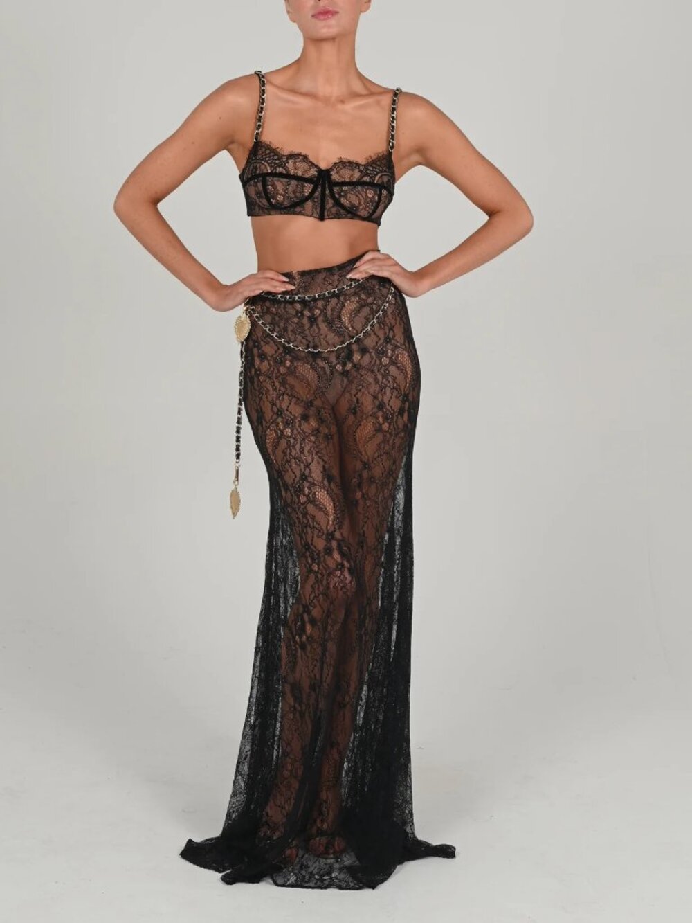 ๐A BOMBSHELL!๐The Dolls House Francesca Black Lace Maxi Skirt w/ Chain & Belt - Picture 7 of 16